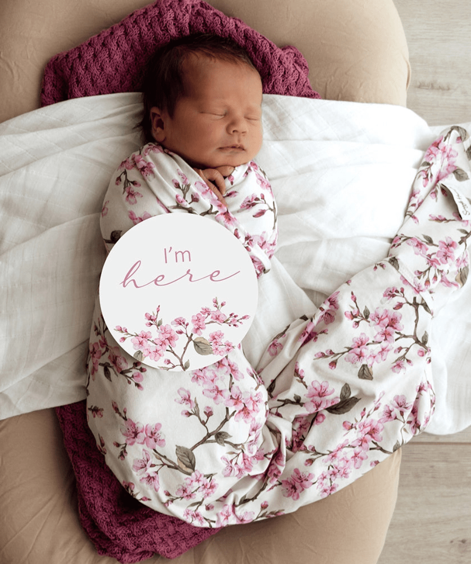 Cherry Blossom Organic Jersey Wrap & Topknot Set Snuggle Hunny Baby Preggi Central Maternity Shop Cherry Blossom Organic Jersey Wrap & Topknot Set Snuggle Hunny Baby Preggi Central Maternity Shop