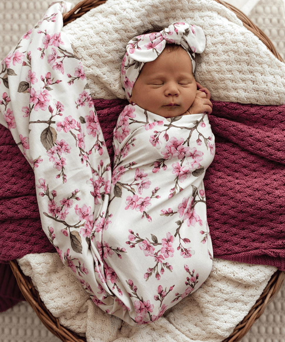 Cherry Blossom Organic Jersey Wrap & Topknot Set Snuggle Hunny Baby Preggi Central Maternity Shop Cherry Blossom Organic Jersey Wrap & Topknot Set Snuggle Hunny Baby Preggi Central Maternity Shop