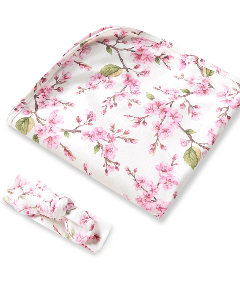 Cherry Blossom Organic Jersey Wrap & Topknot Set Snuggle Hunny Baby Preggi Central Maternity Shop Cherry Blossom Organic Jersey Wrap & Topknot Set Snuggle Hunny Baby Preggi Central Maternity Shop