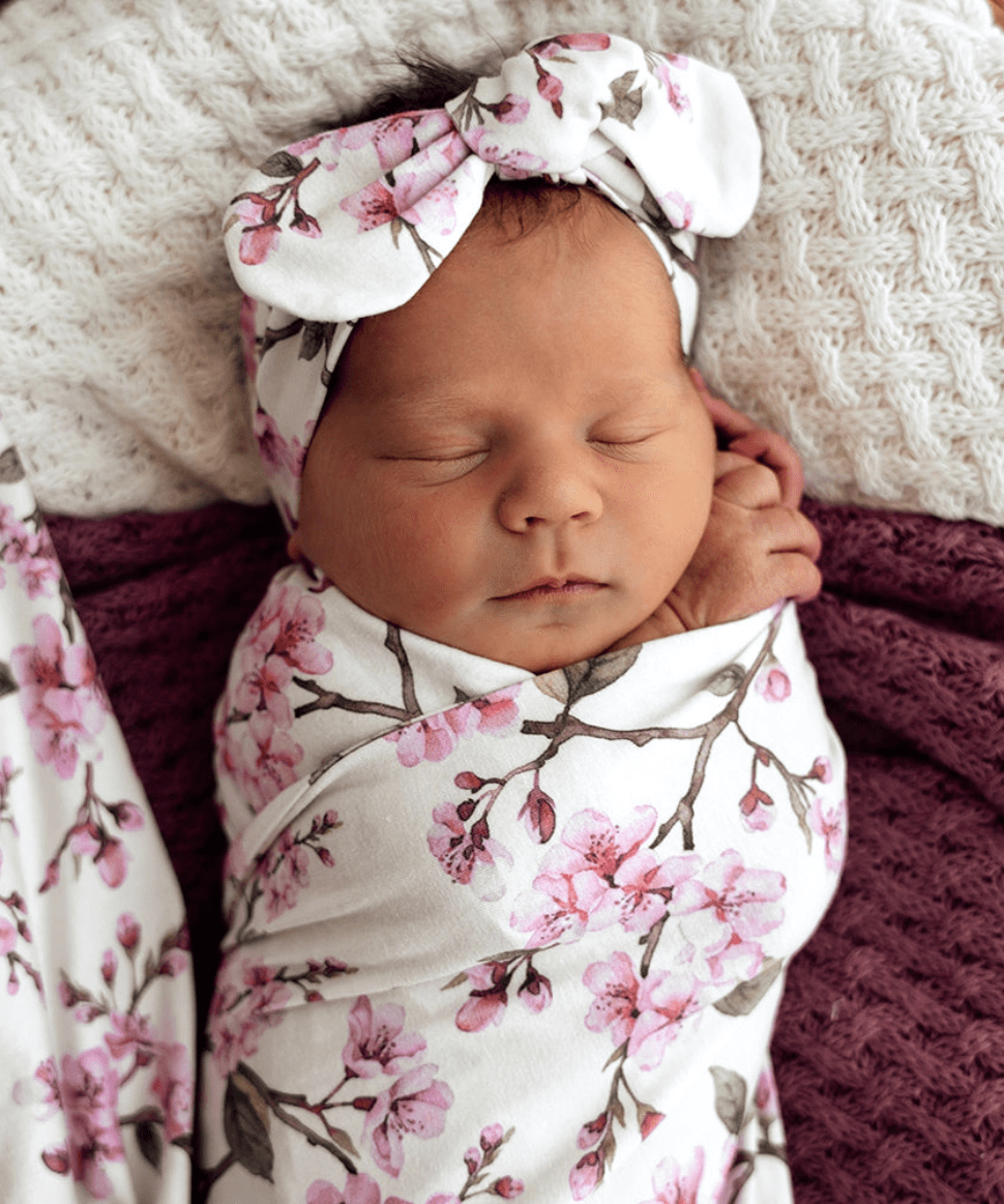 Cherry Blossom Organic Jersey Wrap & Topknot Set Snuggle Hunny Baby Preggi Central Maternity Shop Cherry Blossom Organic Jersey Wrap & Topknot Set Snuggle Hunny Baby Preggi Central Maternity Shop