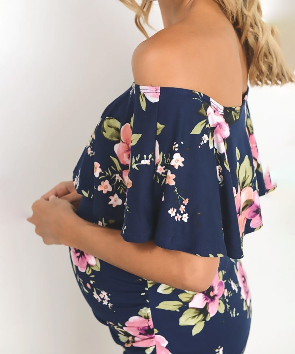 Floral Ruffle Off Shoulder Maternity Dress Hello Miz Maternity and Nursing Preggi Central Maternity Shop