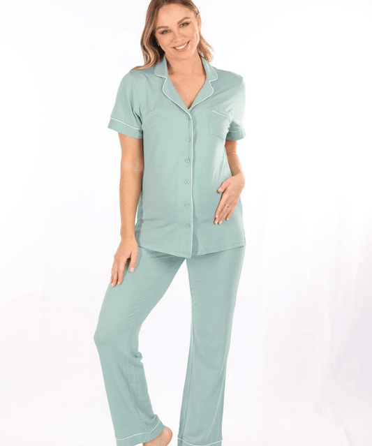 Maternity and Nursing Button Front Pajama Set in Sage Green Angel Maternity Maternity and Nursing Preggi Central Maternity Shop