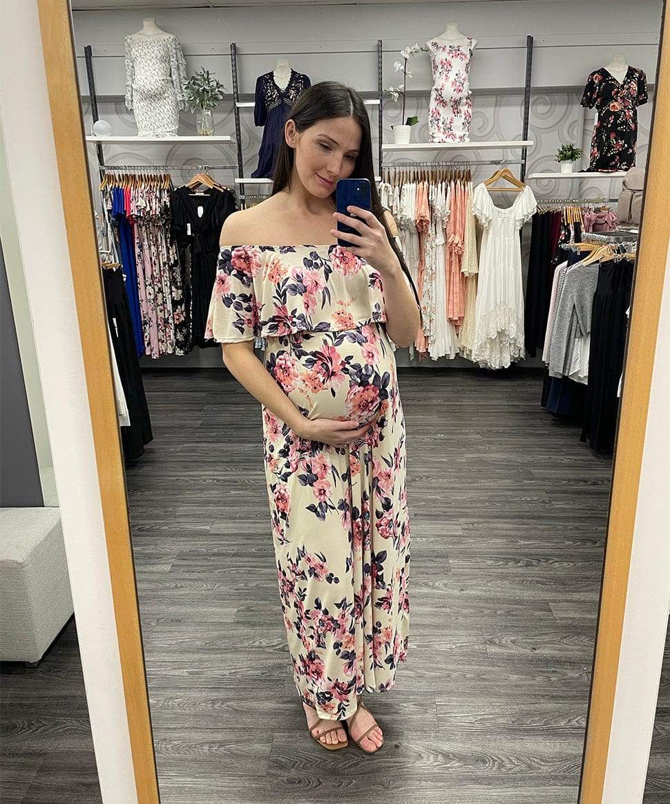 Floral Ruffle Off Shoulder Maxi Dress Hello Miz Maternity and Nursing Preggi Central Maternity Shop
