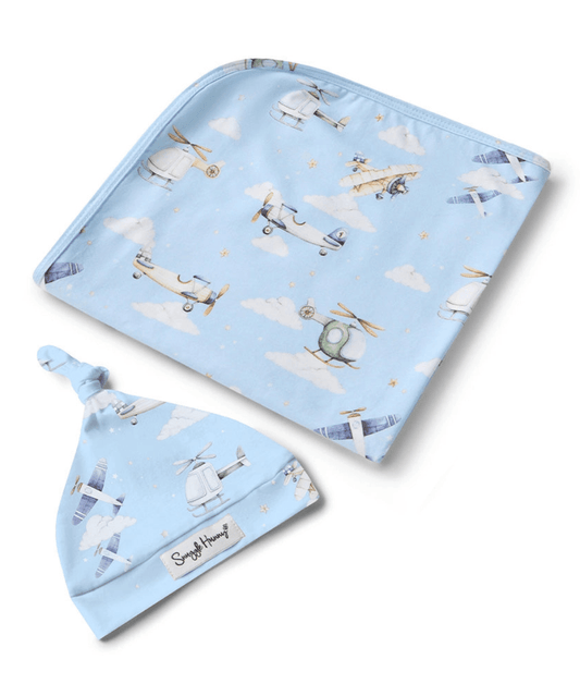 Taking Flight Organic Jersey Wrap & Beanie Set Snuggle Hunny Baby Preggi Central Maternity Shop