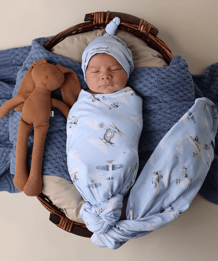 Taking Flight Organic Jersey Wrap &amp; Beanie Set Snuggle Hunny Baby Preggi Central Maternity Shop