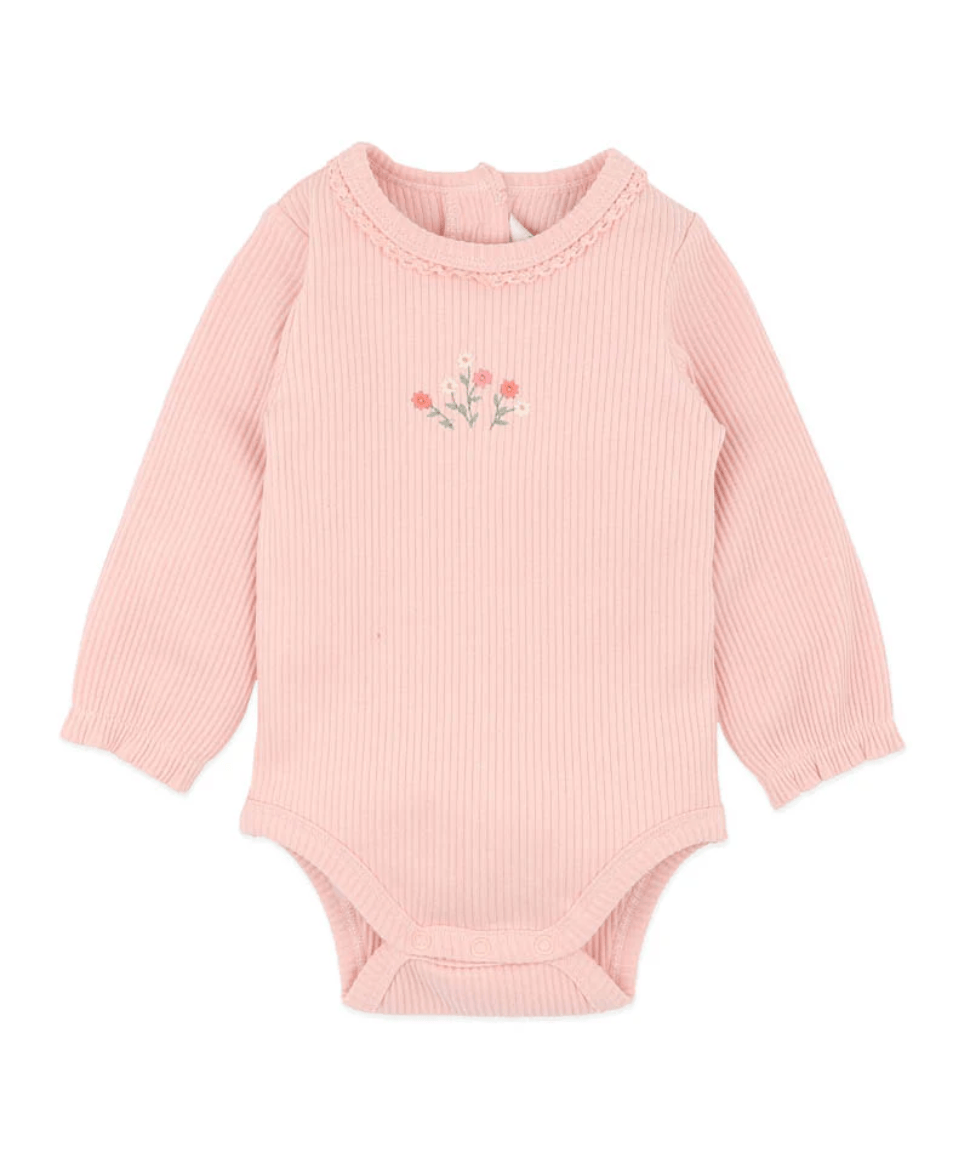 Blush Ribbed Baby Bodysuit with Floral Embroidery- Emmy Preggi Central Preggi Central Maternity Shop