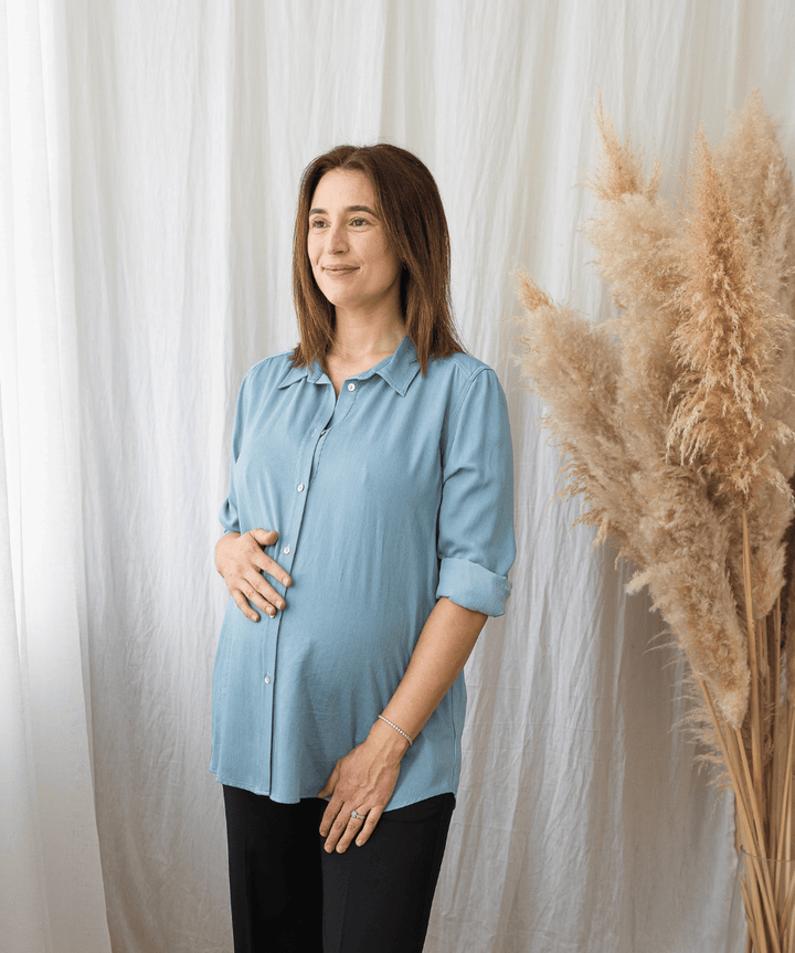 Blue Chambray Maternity &amp; Nursing Shirt Around April Maternity and Nursing Preggi Central Maternity Shop