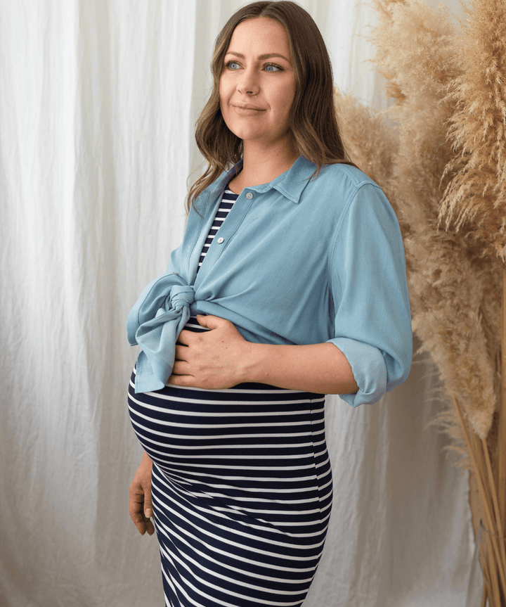 Blue Chambray Maternity &amp; Nursing Shirt Around April Maternity and Nursing Preggi Central Maternity Shop