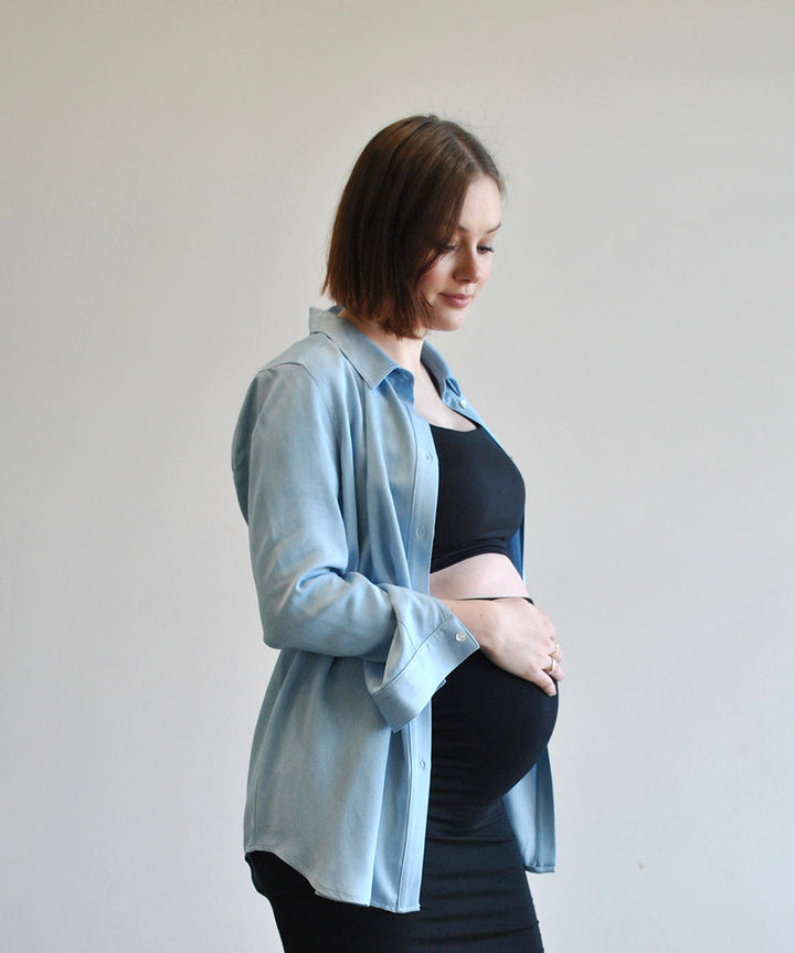 Blue Chambray Maternity &amp; Nursing Shirt Around April Maternity and Nursing Preggi Central Maternity Shop