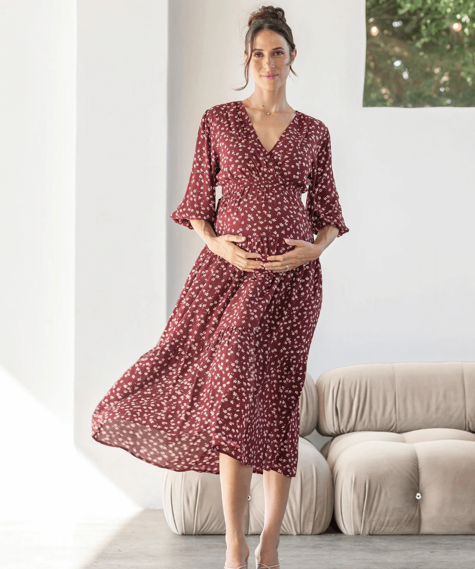 Dana Maternity Maxi Dress in Burgundy Floral Angel Maternity Maternity and Nursing Preggi Central Maternity Shop