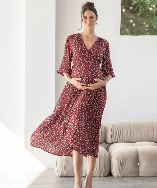Dana Maternity Maxi Dress in Burgundy Floral Angel Maternity Maternity and Nursing Preggi Central Maternity Shop