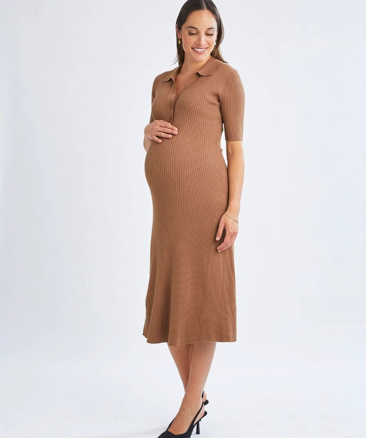 Elegance Knit Maternity Midi Dress in Camel Angel Maternity Maternity and Nursing Preggi Central Maternity Shop