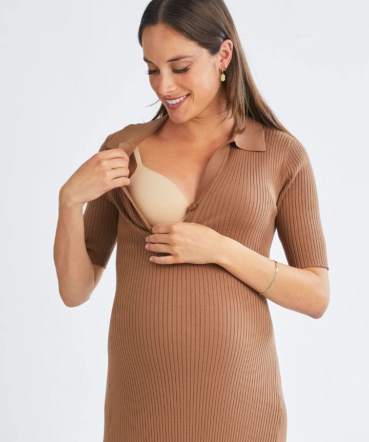 Elegance Knit Maternity Midi Dress in Camel Angel Maternity Maternity and Nursing Preggi Central Maternity Shop