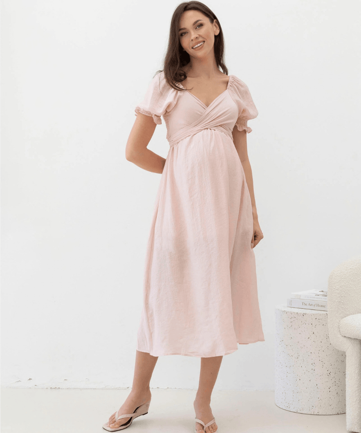 Fabia Reversible Tie Maternity Cotton Dress In Soft Pink Angel Maternity Maternity and Nursing Preggi Central Maternity Shop