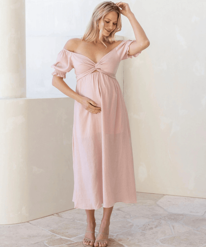 Fabia Reversible Tie Maternity Cotton Dress In Soft Pink Angel Maternity Maternity and Nursing Preggi Central Maternity Shop
