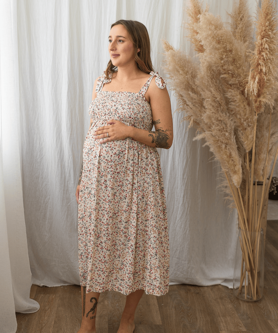 Floral Smocked Tie-Strap Maternity Midi Dress - Blush Hello Miz Maternity and Nursing Preggi Central Maternity Shop