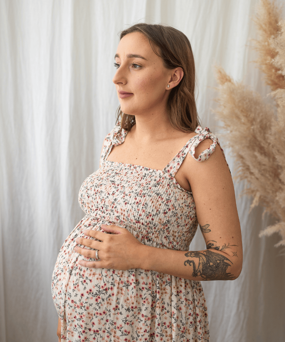 Floral Smocked Tie-Strap Maternity Midi Dress - Blush Hello Miz Maternity and Nursing Preggi Central Maternity Shop