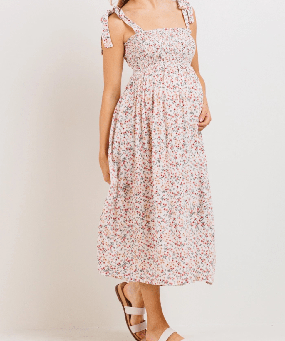 Floral Smocked Tie-Strap Maternity Midi Dress Hello Miz Maternity and Nursing Preggi Central Maternity Shop