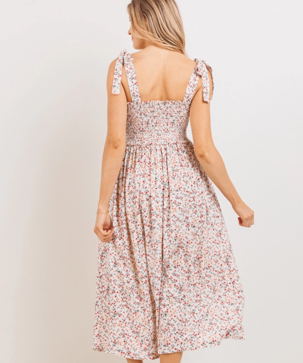 Floral Smocked Tie-Strap Maternity Midi Dress Hello Miz Maternity and Nursing Preggi Central Maternity Shop