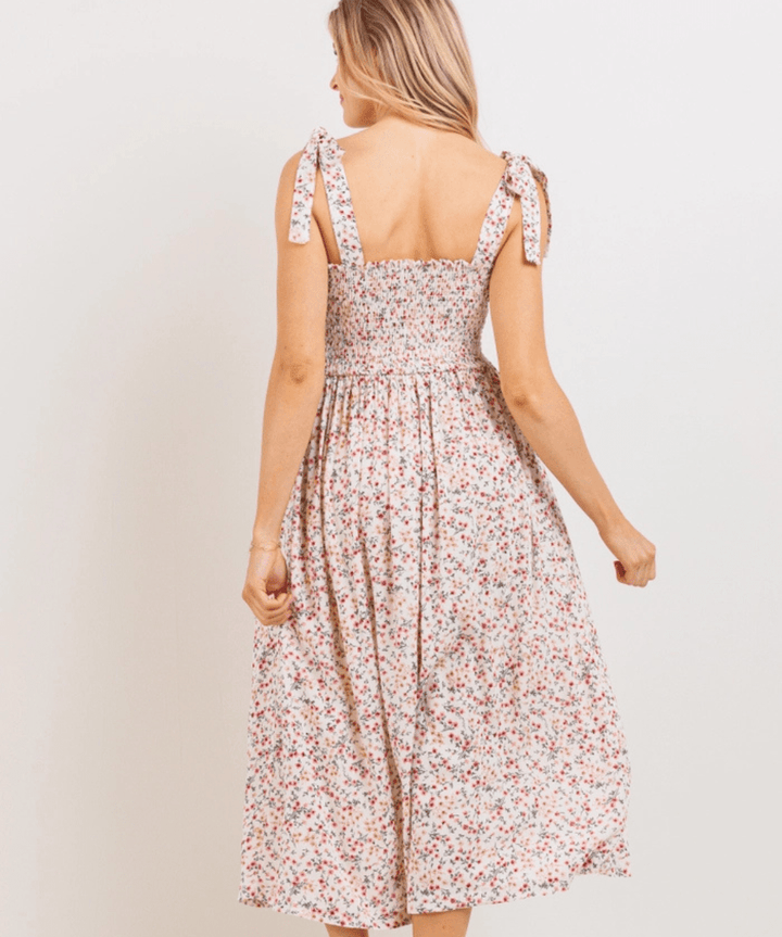 Floral Smocked Tie-Strap Maternity Midi Dress Hello Miz Maternity and Nursing Preggi Central Maternity Shop