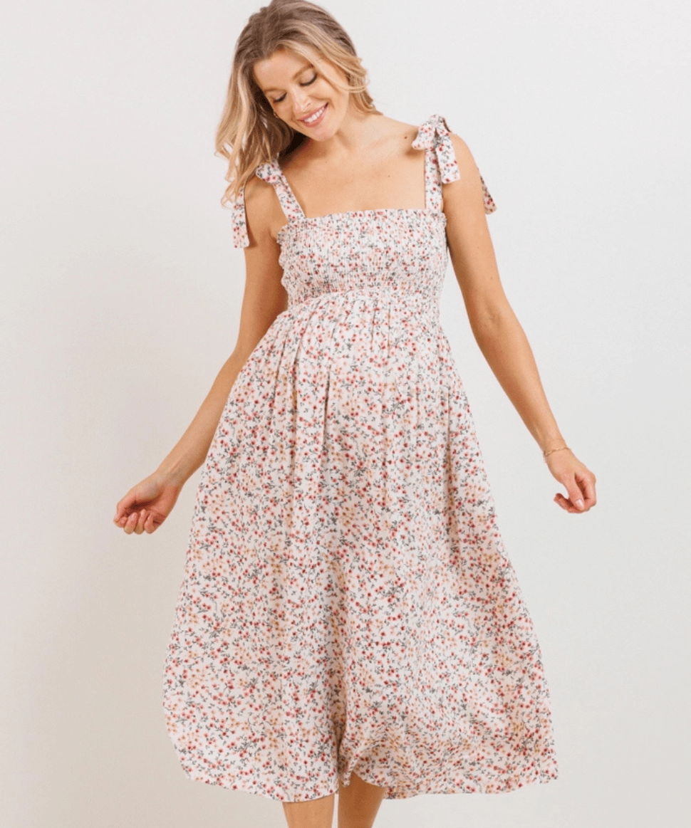 Floral Smocked Tie-Strap Maternity Midi Dress Hello Miz Maternity and Nursing Preggi Central Maternity Shop