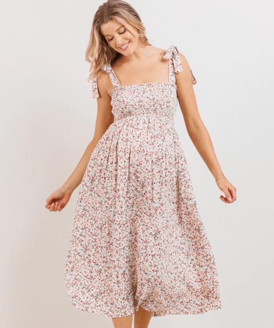 Floral Smocked Tie-Strap Maternity Midi Dress Hello Miz Maternity and Nursing Preggi Central Maternity Shop