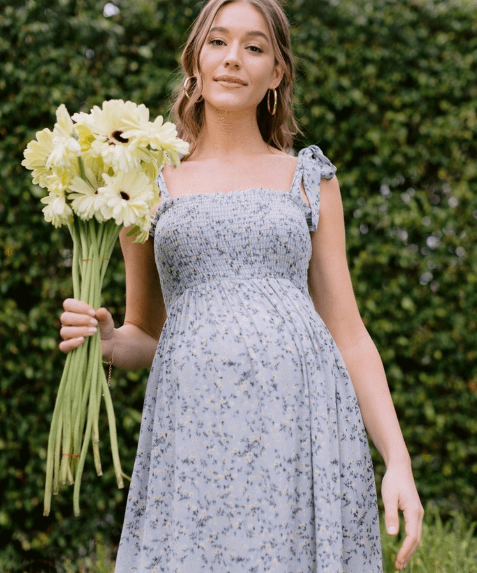 Floral Smocked Tie-Strap Maternity Midi Dress - Sage Hello Miz Maternity and Nursing Preggi Central Maternity Shop