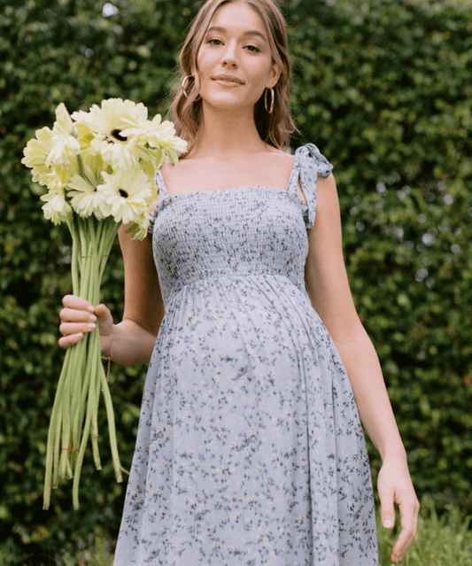 Floral Smocked Tie-Strap Maternity Midi Dress - Sage Hello Miz Maternity and Nursing Preggi Central Maternity Shop