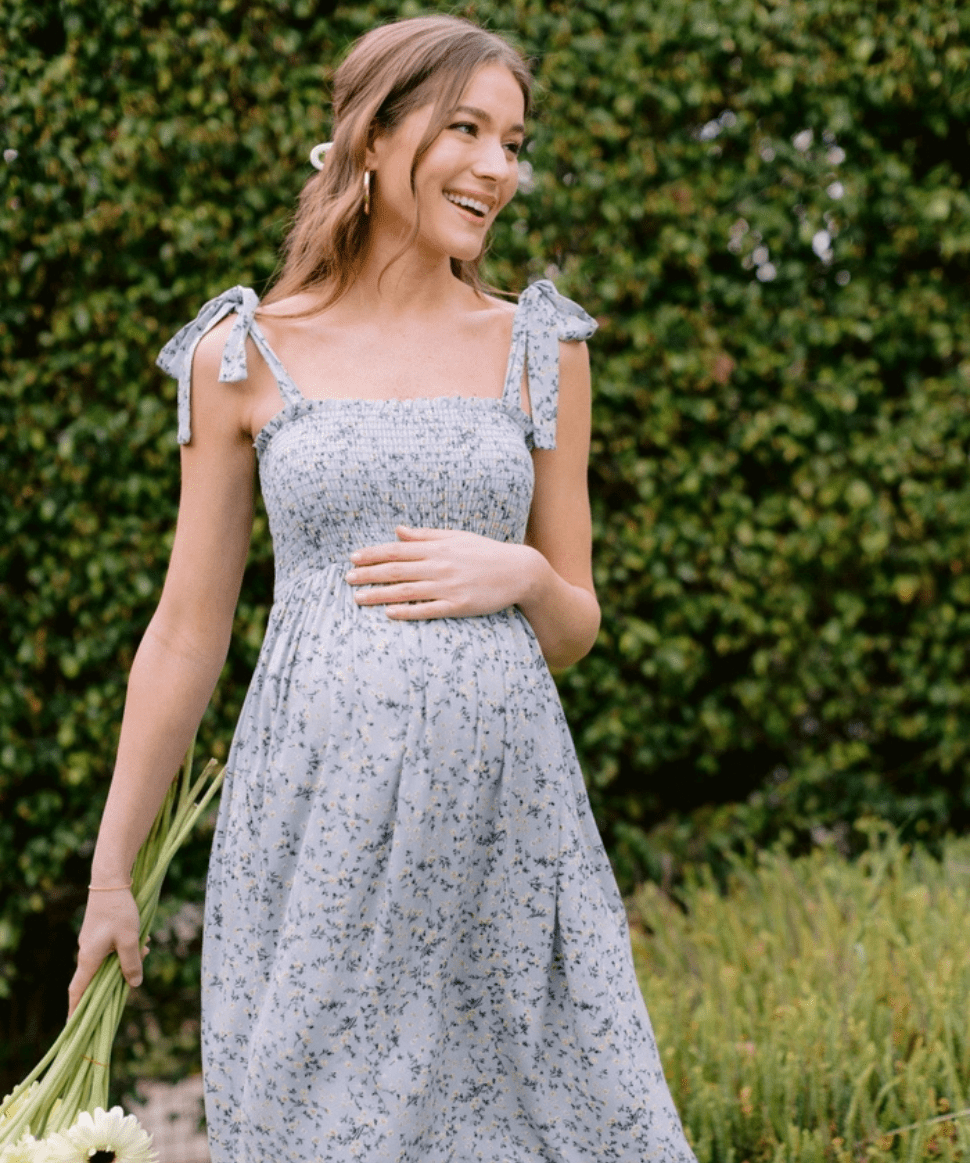 Floral Smocked Tie-Strap Maternity Midi Dress - Sage Hello Miz Maternity and Nursing Preggi Central Maternity Shop