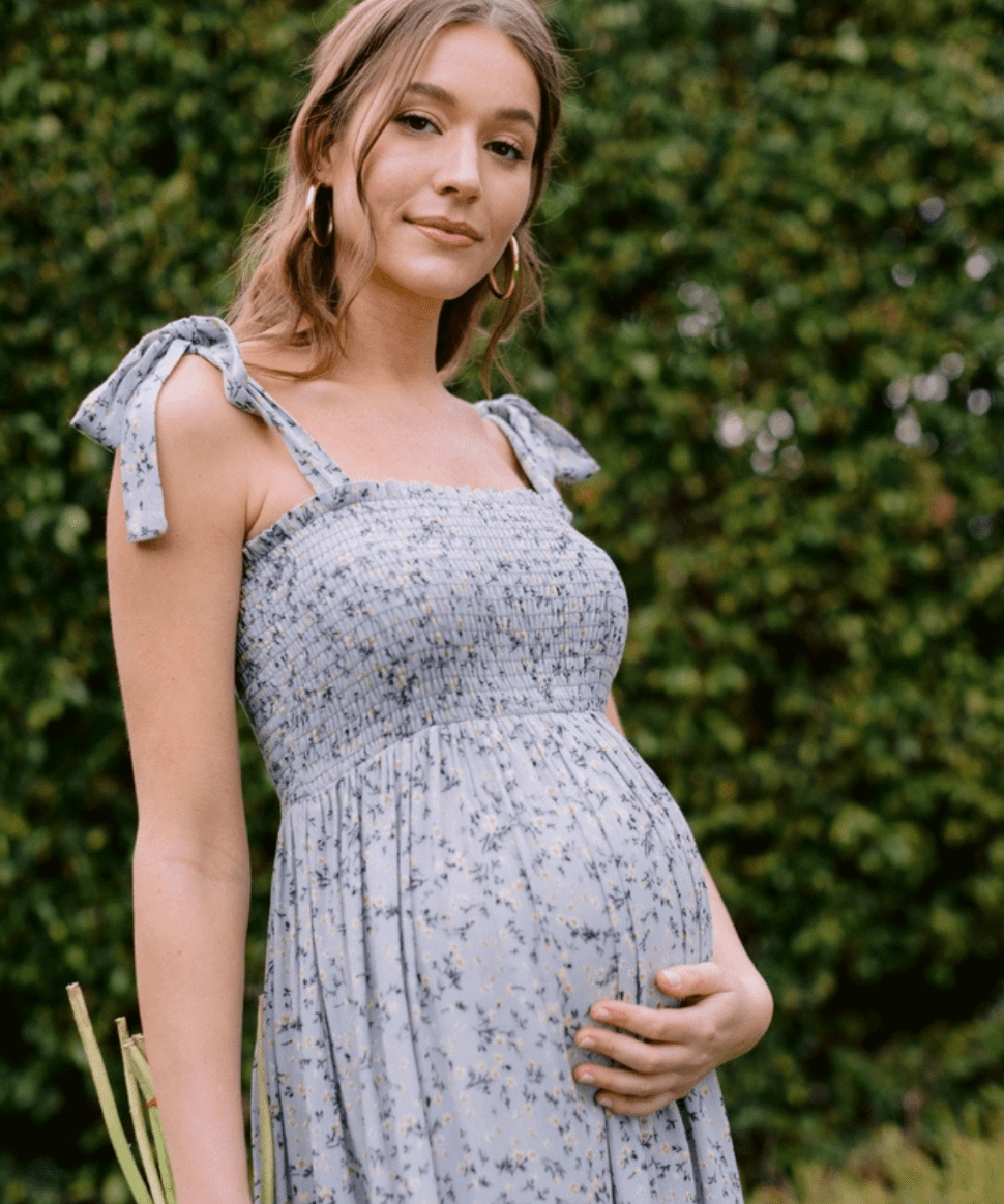 Floral Smocked Tie-Strap Maternity Midi Dress - Sage Hello Miz Maternity and Nursing Preggi Central Maternity Shop