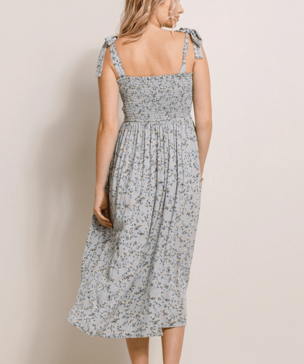 Floral Smocked Tie-Strap Maternity Midi Dress - Sage Hello Miz Maternity and Nursing Preggi Central Maternity Shop
