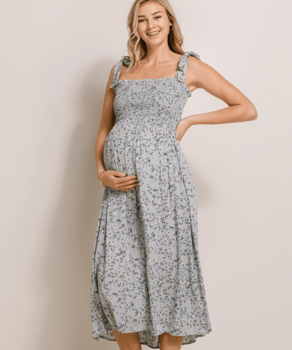 Floral Smocked Tie-Strap Maternity Midi Dress - Sage Hello Miz Maternity and Nursing Preggi Central Maternity Shop