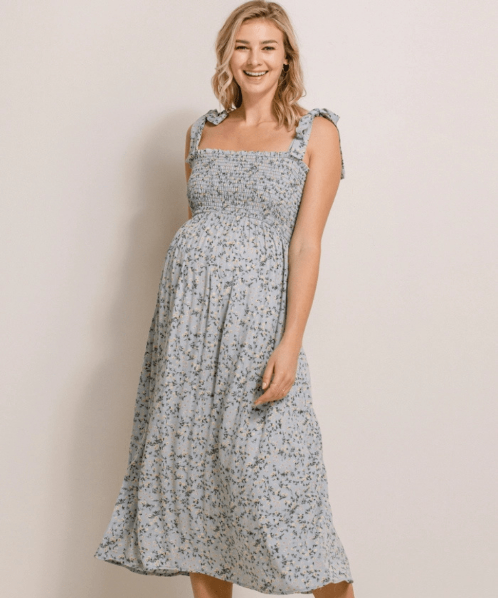 Floral Smocked Tie-Strap Maternity Midi Dress - Sage Hello Miz Maternity and Nursing Preggi Central Maternity Shop