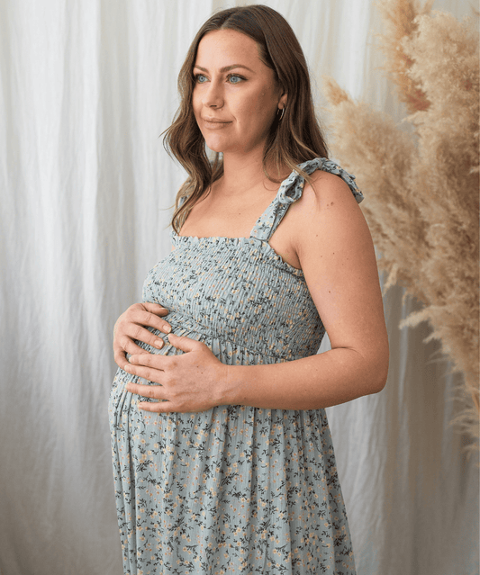 Floral Smocked Tie-Strap Maternity Midi Dress - Sage Hello Miz Maternity and Nursing Preggi Central Maternity Shop