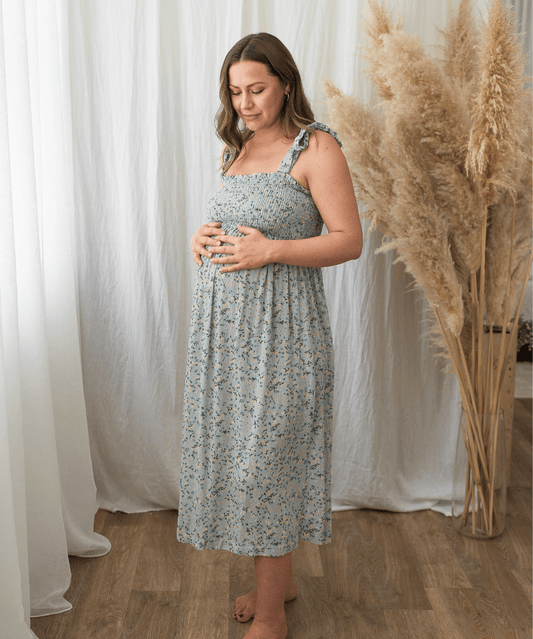 Floral Smocked Tie-Strap Maternity Midi Dress - Sage Hello Miz Maternity and Nursing Preggi Central Maternity Shop