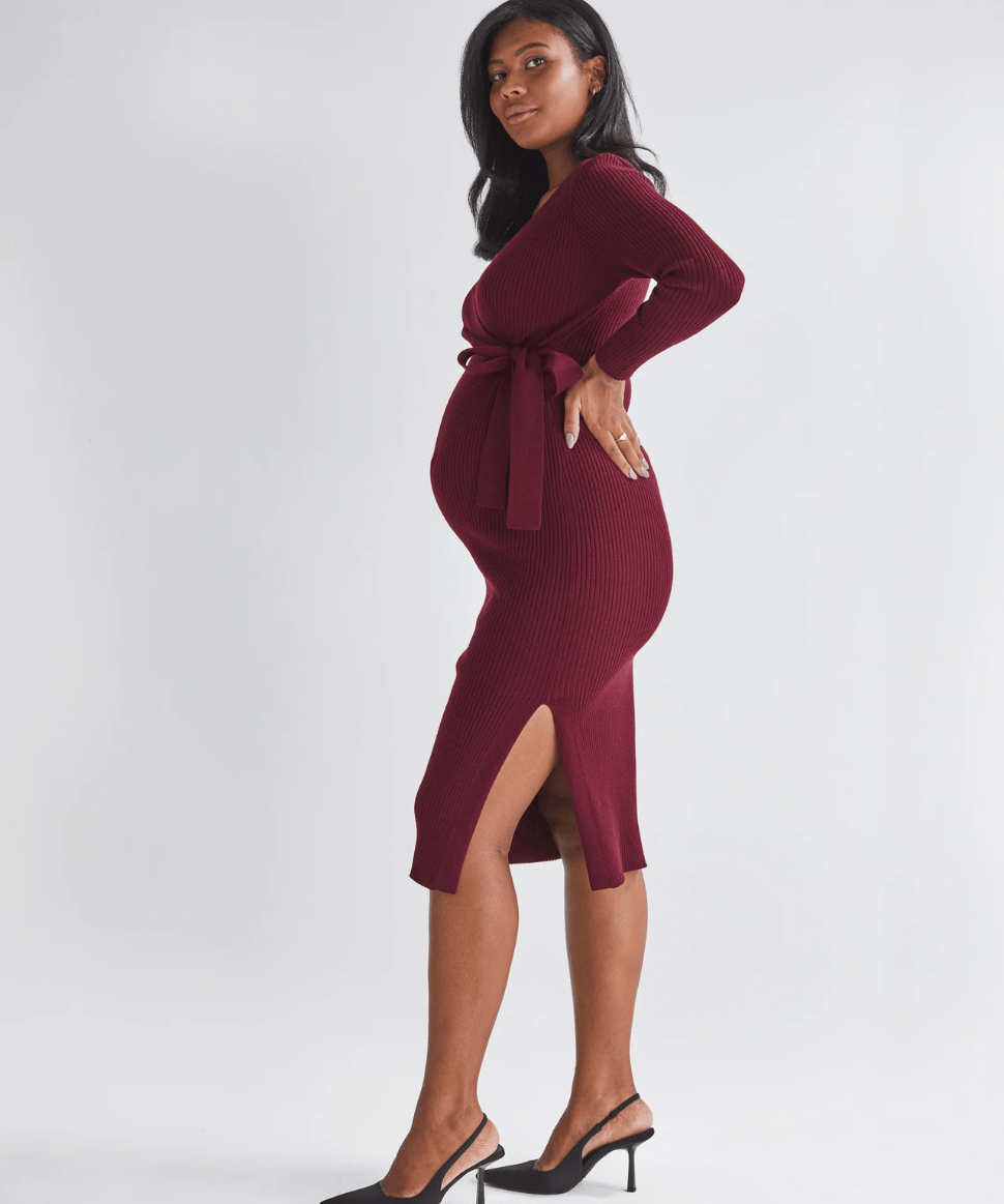 Lucille Knit Maternity Midi Dress in Burgundy Angel Maternity Maternity and Nursing Preggi Central Maternity Shop