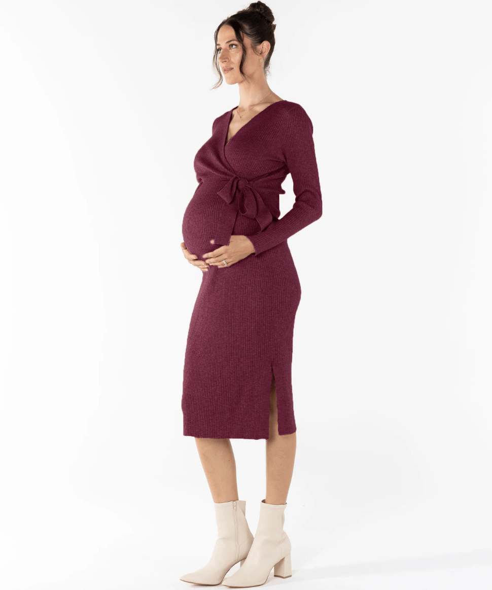 Lucille Knit Maternity Midi Dress in Burgundy Angel Maternity Maternity and Nursing Preggi Central Maternity Shop