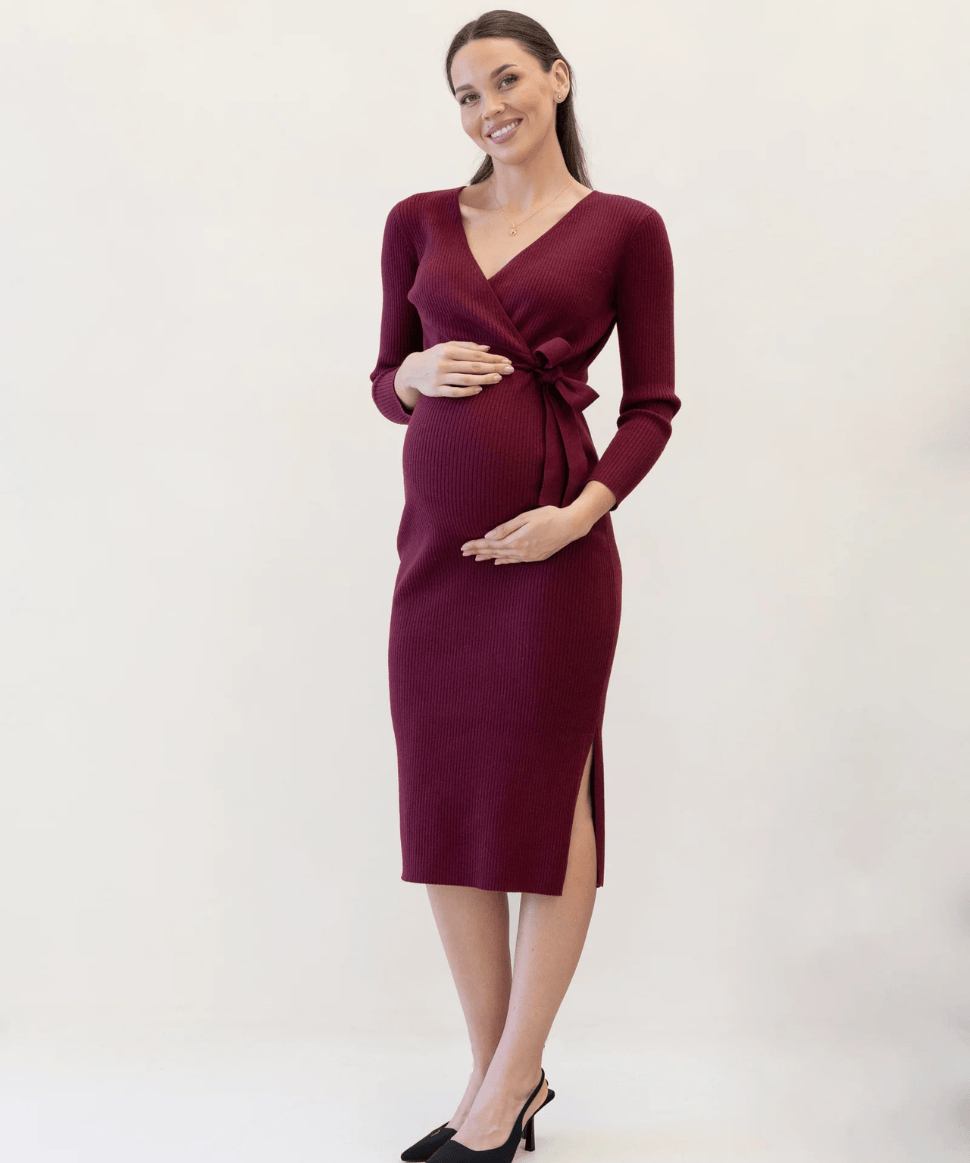 Lucille Knit Maternity Midi Dress in Burgundy Angel Maternity Maternity and Nursing Preggi Central Maternity Shop