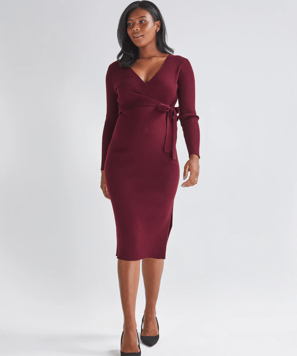 Lucille Knit Maternity Midi Dress in Burgundy Angel Maternity Maternity and Nursing Preggi Central Maternity Shop