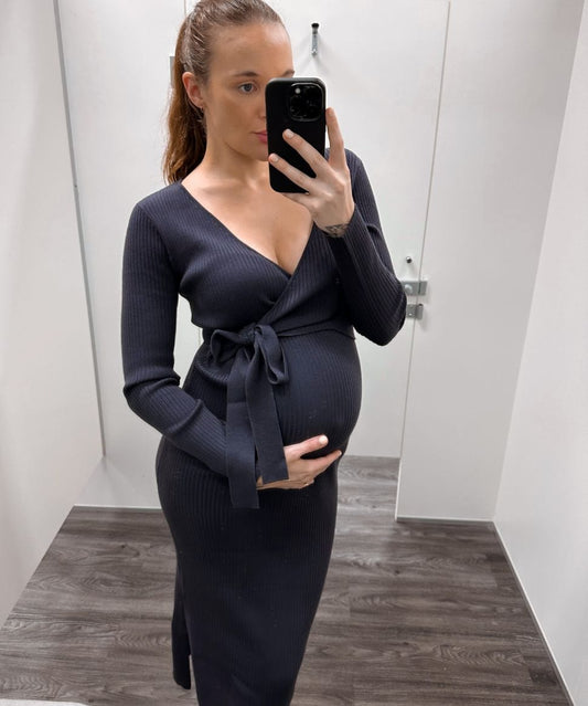 Lucille Knit Maternity Midi Dress in Steel Grey Angel Maternity Maternity and Nursing Preggi Central Maternity Shop