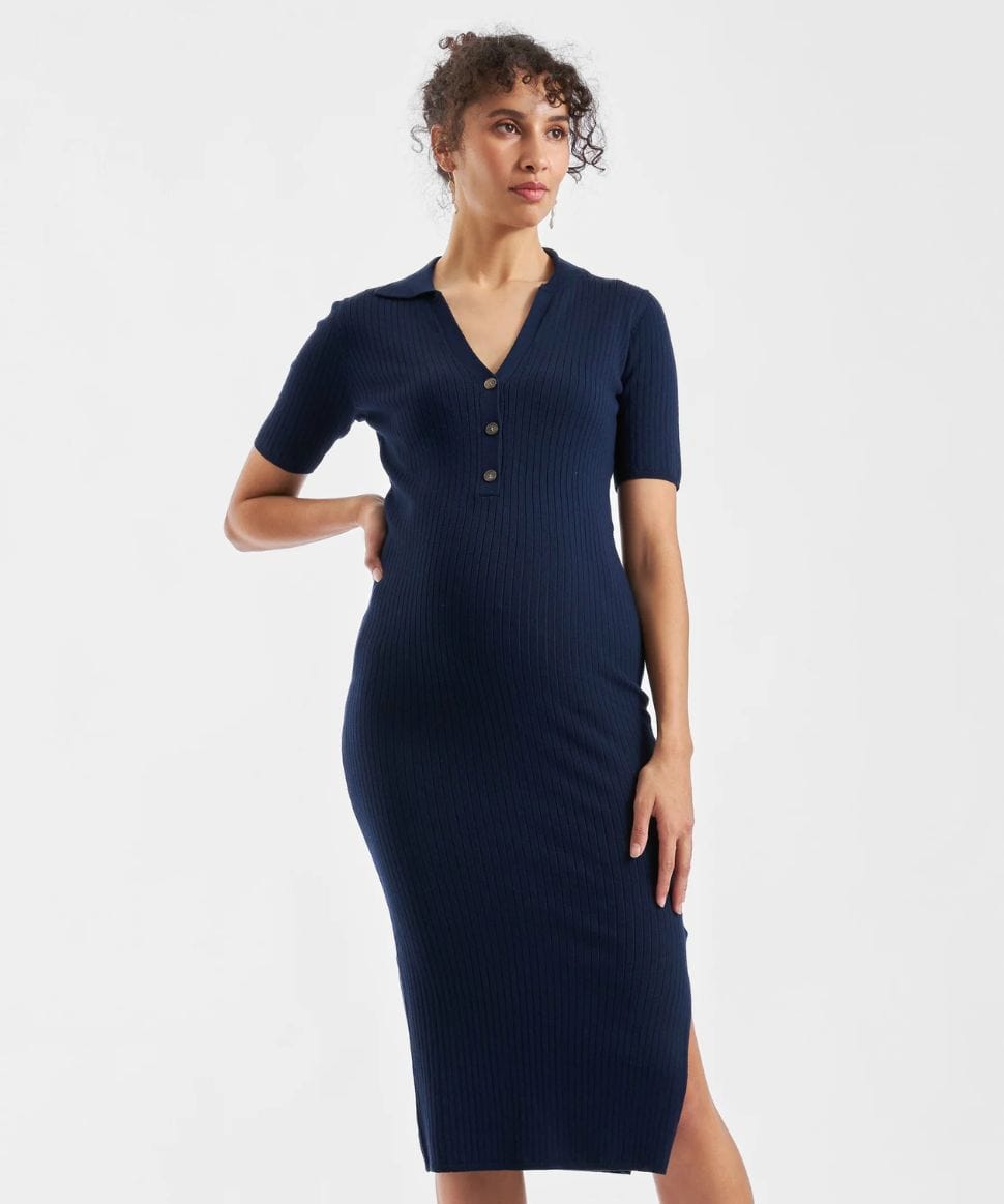 Maddy Knit Polo Dress Navy Ripe Maternity Maternity and Nursing Preggi Central Maternity Shop