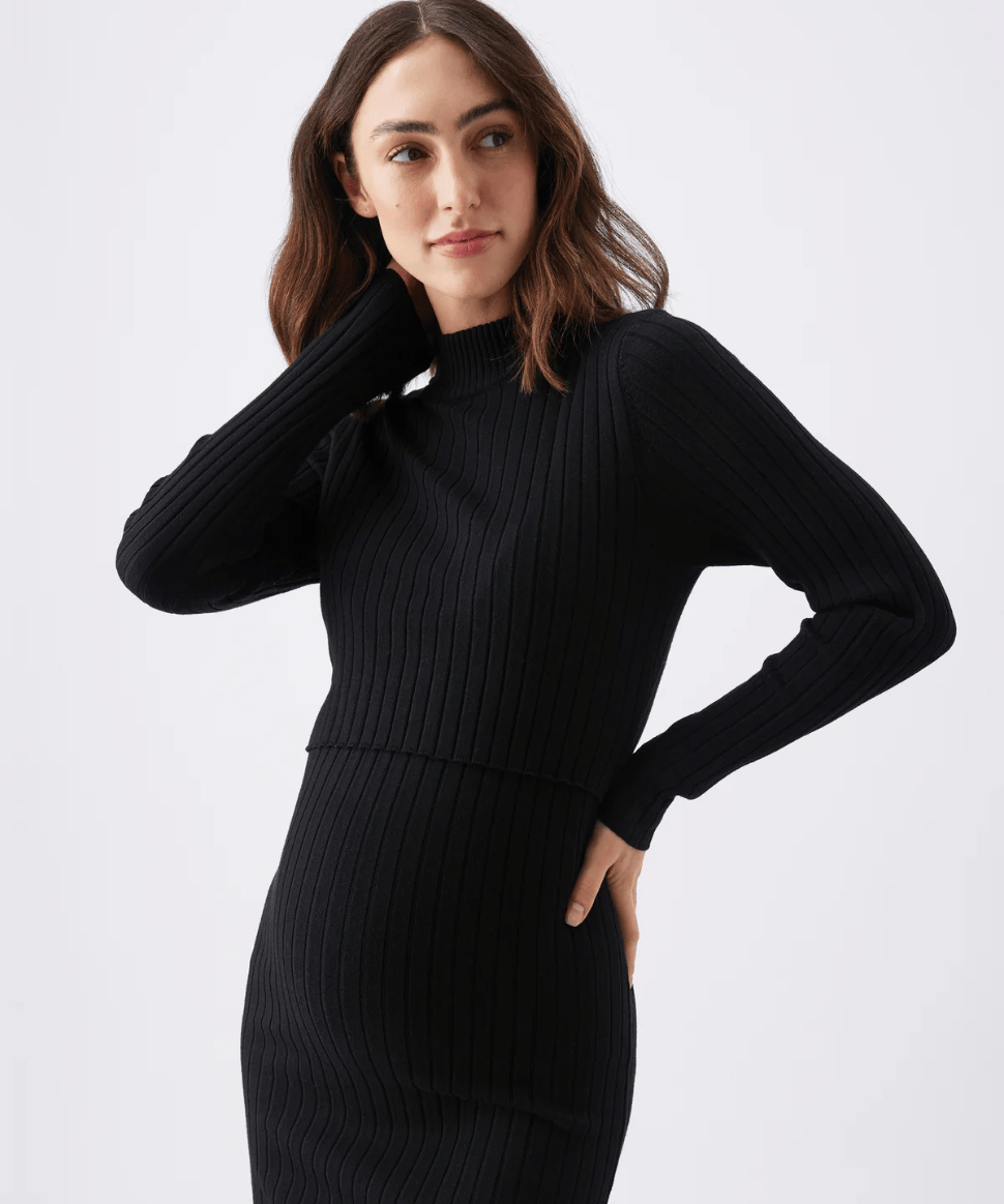 Nella Rib Nursing Knit Dress Black Ripe Maternity Maternity and Nursing Preggi Central Maternity Shop