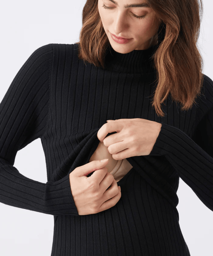 Nella Rib Nursing Knit Dress Black Ripe Maternity Maternity and Nursing Preggi Central Maternity Shop