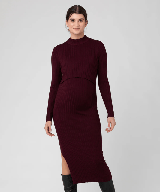 Nella Rib Nursing Knit Dress Maroon Ripe Maternity Maternity and Nursing Preggi Central Maternity Shop