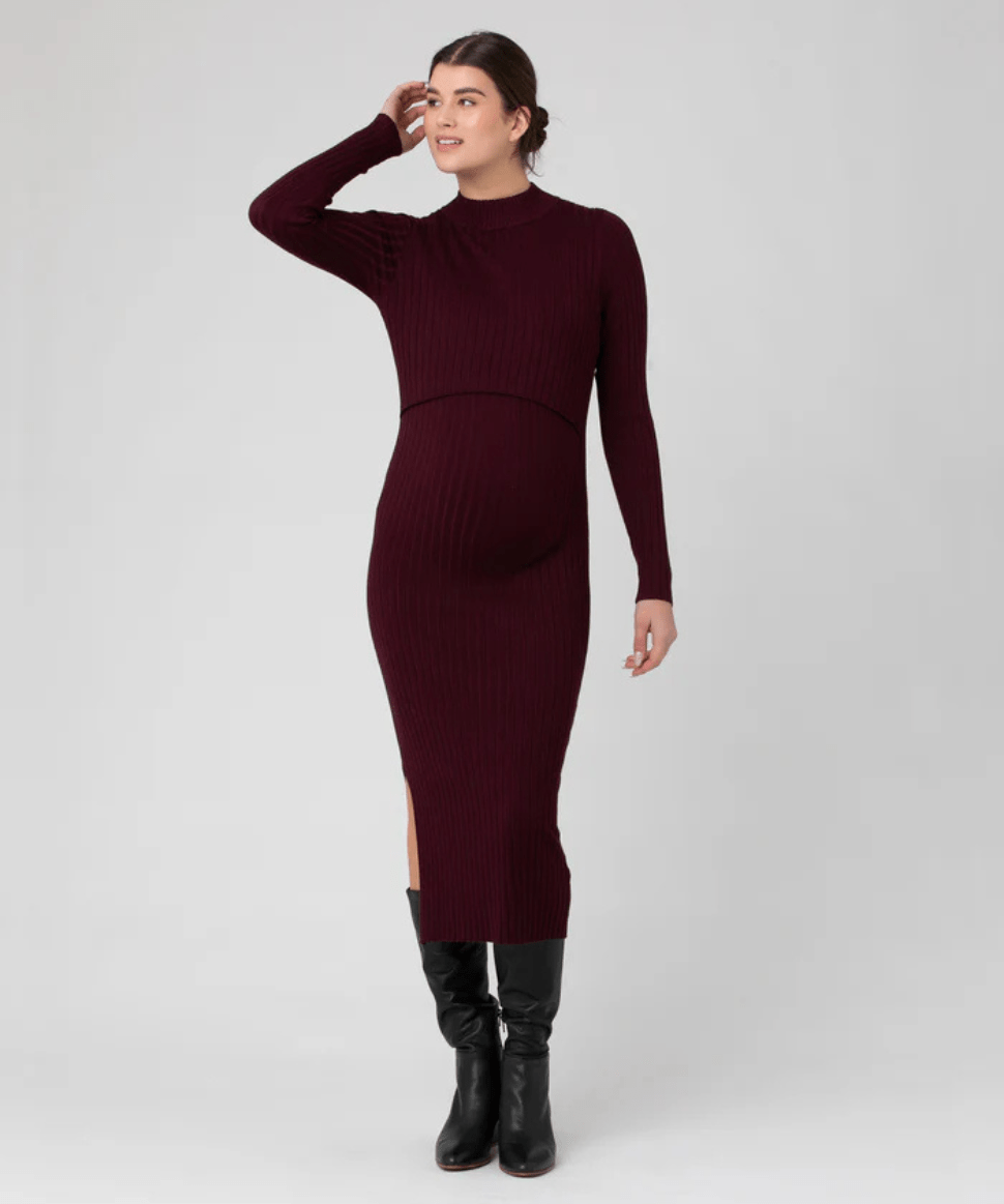 Nella Rib Nursing Knit Dress Maroon Ripe Maternity Maternity and Nursing Preggi Central Maternity Shop