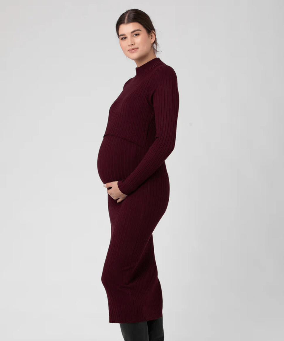 Nella Rib Nursing Knit Dress Maroon Ripe Maternity Maternity and Nursing Preggi Central Maternity Shop