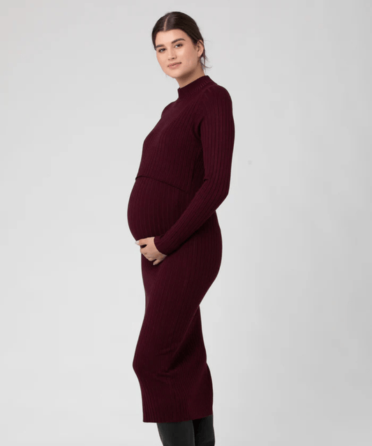 Nella Rib Nursing Knit Dress Maroon Ripe Maternity Maternity and Nursing Preggi Central Maternity Shop