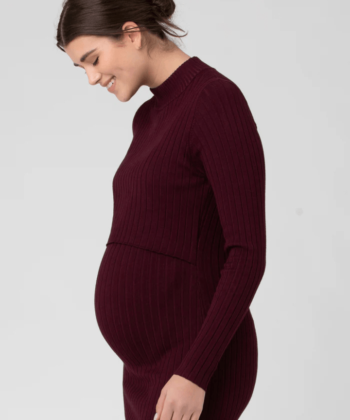 Nella Rib Nursing Knit Dress Maroon Ripe Maternity Maternity and Nursing Preggi Central Maternity Shop