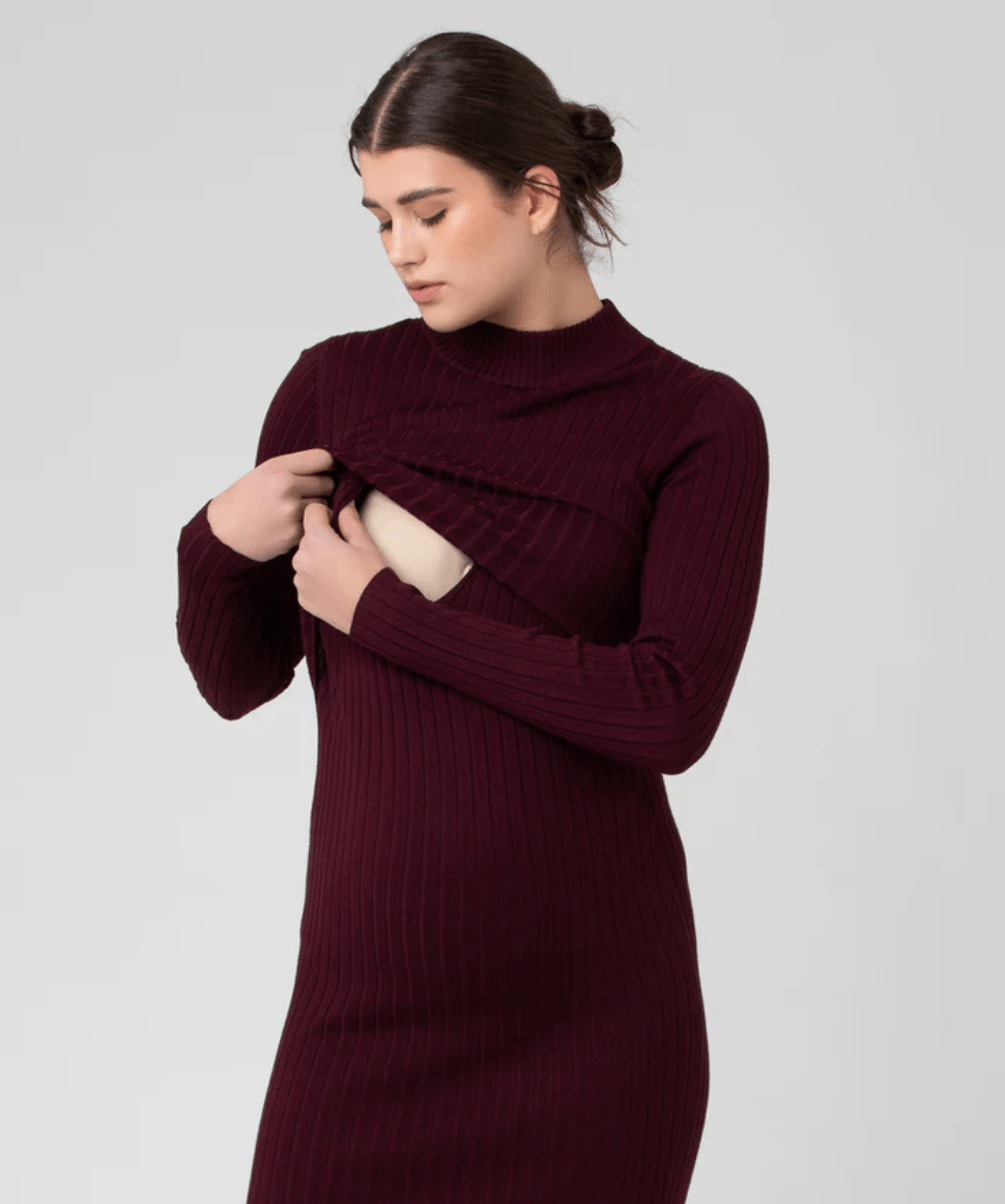 Nella Rib Nursing Knit Dress Maroon Ripe Maternity Maternity and Nursing Preggi Central Maternity Shop