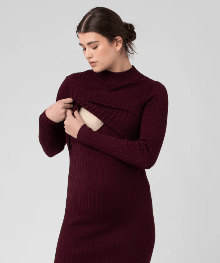 Nella Rib Nursing Knit Dress Maroon Ripe Maternity Maternity and Nursing Preggi Central Maternity Shop